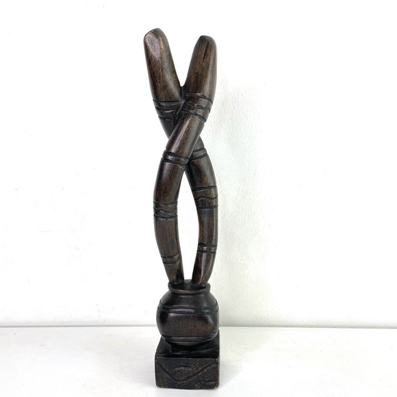 Handmade primitive abstract carved wood sculpture intertwined snake columns - Picture 1 of 16